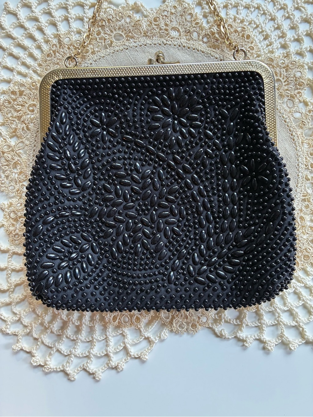 Vintage 1950s Black Hand Beaded Evening Bag Made In Hong Kong Gold Frame